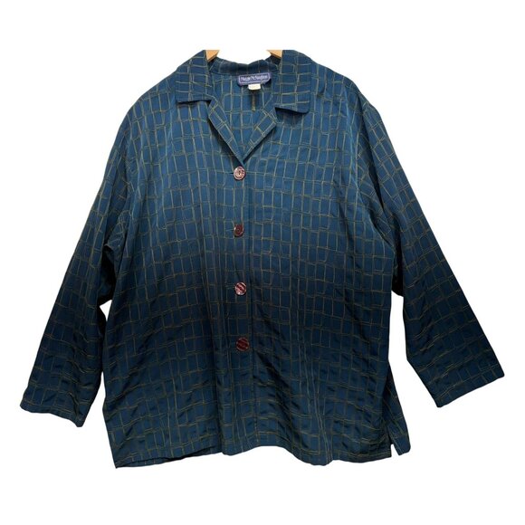 Vintage Maggie McNaughton Womens Button-Up Shirt Size 2X Blue Geometric Casual - Picture 1 of 12